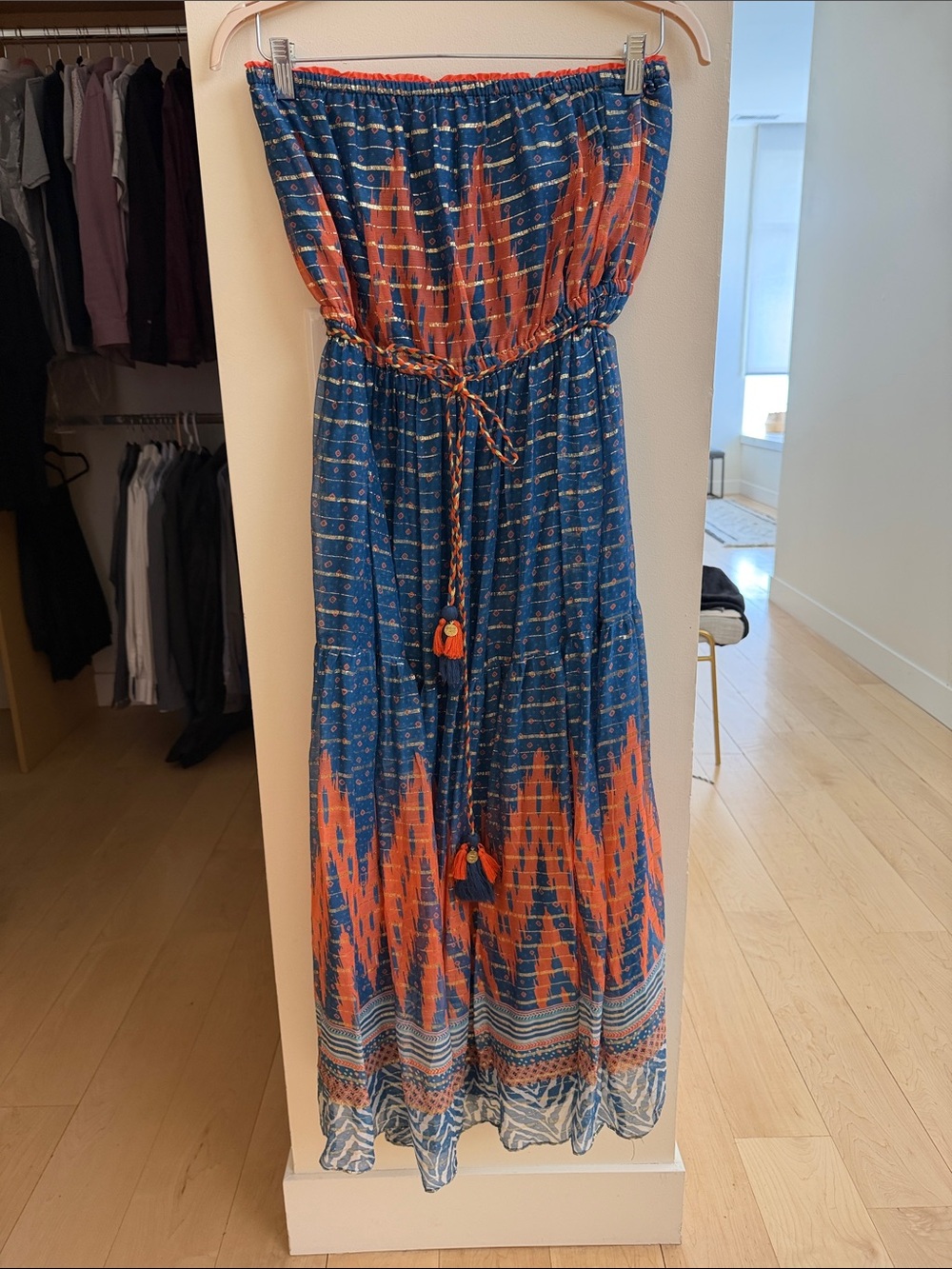 Women’s Strapless Blue and Orange Maxi Dress with Tassel Tie